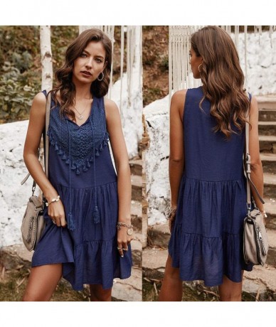 Cover-Ups Women's Summer Beach Cover Up Mini Sundress Casual V-Neck Sleeveless Fringed Bohemian Dresses - Navy - CB190OA5E4Q ...