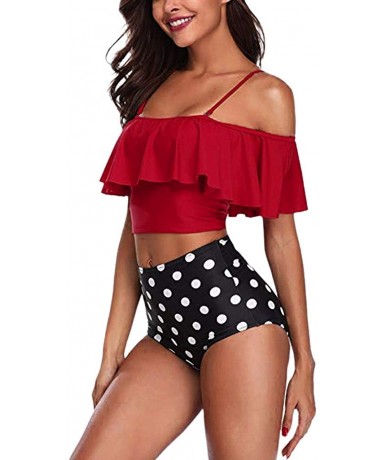 Sets Swimsuit for Women Two Piece Bathing Suit Top Ruffled Racerback High Waisted Beachwear Tummy Control Bikini Set Red - CW...