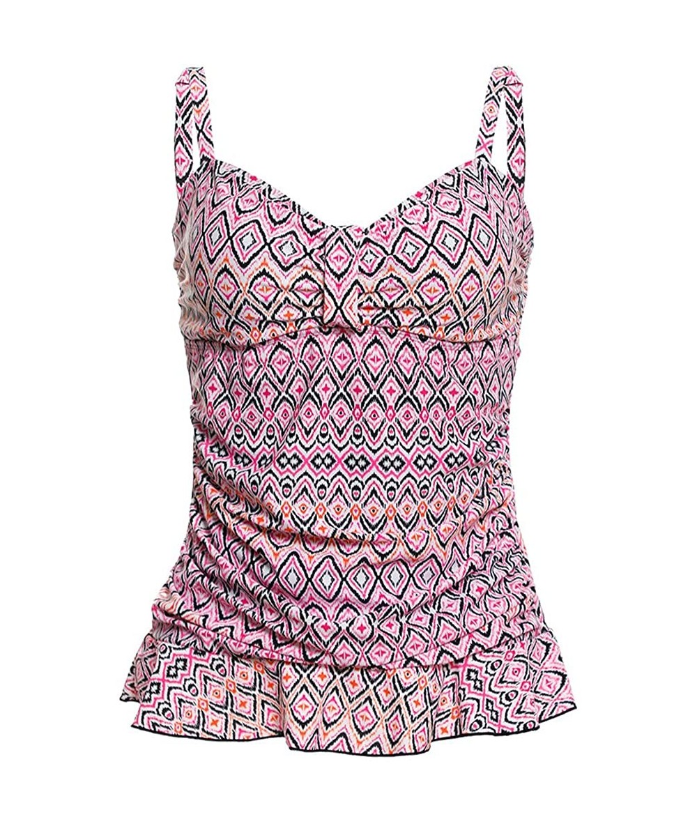 Tankinis Women's 50's Retro Ruched Tankini Swimsuit Top with Ruffle Hem Tummy Control - Pink Diamond - CA18LSX7T9S $38.97