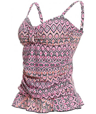 Tankinis Women's 50's Retro Ruched Tankini Swimsuit Top with Ruffle Hem Tummy Control - Pink Diamond - CA18LSX7T9S $38.97