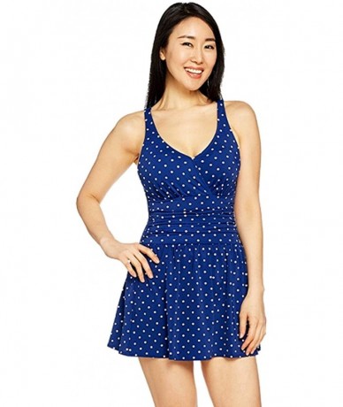 One-Pieces Beach Ruched Flounce Plus Size Swimdress Swimsuit - Navy Dot - C318ROAM48R $48.52