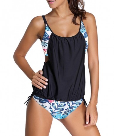 Tankinis Womens Stripes Lined Up Double Up Tankini Top Sets Swimwear - Print Black-104 - CM18SGRZXU9 $46.83