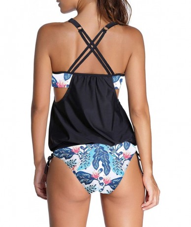 Tankinis Womens Stripes Lined Up Double Up Tankini Top Sets Swimwear - Print Black-104 - CM18SGRZXU9 $46.83