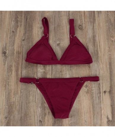 Sets Women Bandeau Bandage Bikini Set Push-Up Brazilian Swimwear Fashion V-Neck Beachwear Split Swimsuit - Wine 2 - CD19409U0...