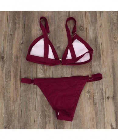 Sets Women Bandeau Bandage Bikini Set Push-Up Brazilian Swimwear Fashion V-Neck Beachwear Split Swimsuit - Wine 2 - CD19409U0...