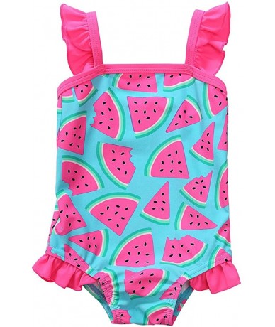 One-Pieces Baby Girl's Floral One Piece Striped Ruffle Swimsuit - Blue/Watermelon - CN12N2VSW36 $23.18