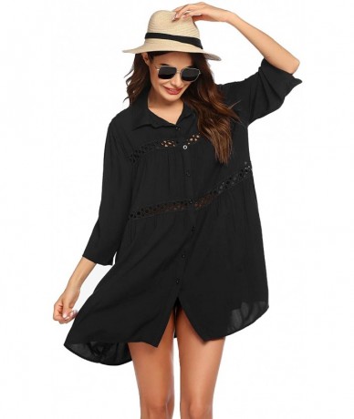 Cover-Ups Swimsuit Beach Cover Ups for Women Sexy Lace Beachwear Shirt Bikini Bathing Suit Beach Dress S-XXL - Black - CO199G...