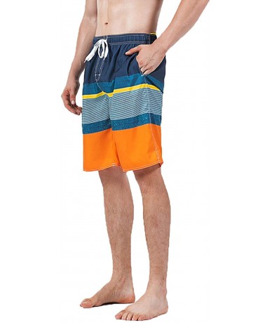 Board Shorts Mens Quick Dry Swim Trunks Striped Print Board Shorts with Mesh Lining- Pocket- Elastic Waistband - B16-orange+y...