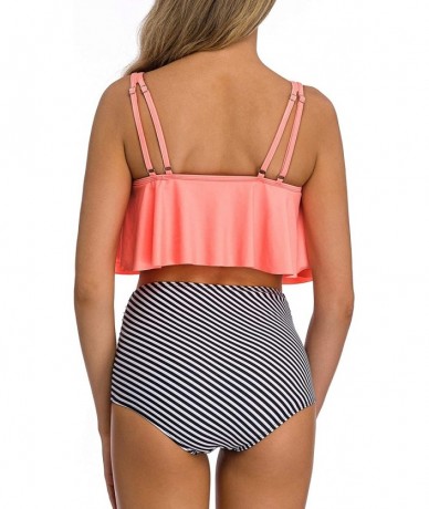 Sets Women's High Neck Two Piece Bathing Suits Top Ruffled High Waist Swimsuit Tankini Bikini Sets - Pink-stripe - CH18RET9S4...