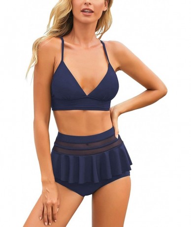 Bottoms Womens High Waist Swim Bottom Criss Cross Cutout Bikini Swimsuit Briefs - Mesh Panel-navy Blue - C4195A26CQ9 $44.46