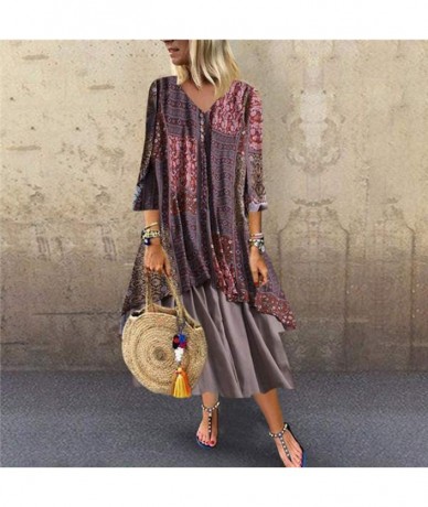 Bottoms Women Plus Size Bohemian O-Neck Floral Print Vintage Sleeveless Long Maxi Dress - A-red - C318W4S5CLL $46.57