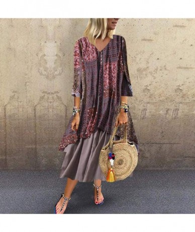 Bottoms Women Plus Size Bohemian O-Neck Floral Print Vintage Sleeveless Long Maxi Dress - A-red - C318W4S5CLL $46.57