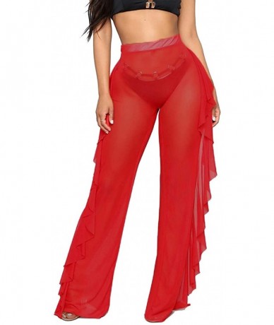 Cover-Ups Women's Perspective Ruffle Sheer Mesh Ruffle Pants Swimsuit Bikini Bottom Cover up Pants - 01ruffle-red - C318X02CN...