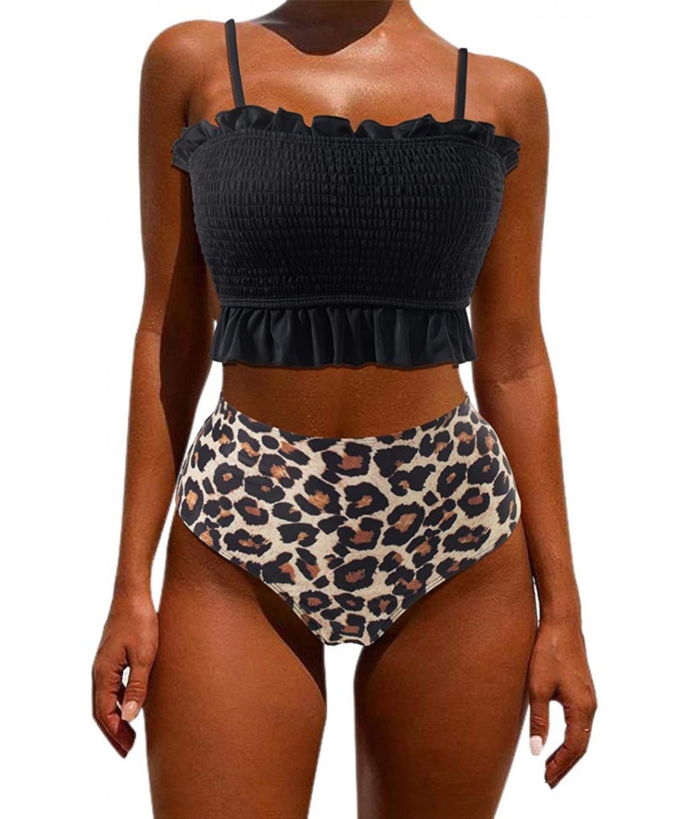 Sets Women's Bandeau Bikini Sets Cute Shirred Swimsuit High Waisted Bathing Suit - 58-black-leopard - CD199QLDGKE $58.43