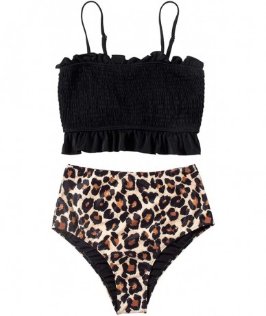 Sets Women's Bandeau Bikini Sets Cute Shirred Swimsuit High Waisted Bathing Suit - 58-black-leopard - CD199QLDGKE $58.43