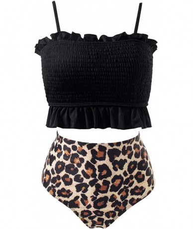 Sets Women's Bandeau Bikini Sets Cute Shirred Swimsuit High Waisted Bathing Suit - 58-black-leopard - CD199QLDGKE $58.43