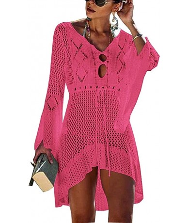 Cover-Ups Womens Summer Crochet Sexy Cover Up Bikini Swimsuit Beach Dress(7 Colors) - Pink - C118RY7G043 $44.76