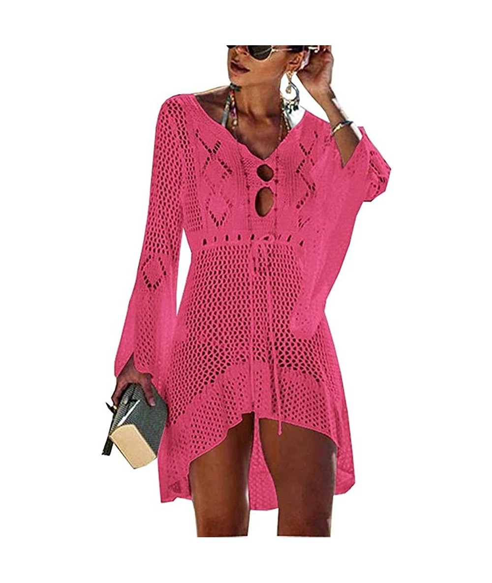 Cover-Ups Womens Summer Crochet Sexy Cover Up Bikini Swimsuit Beach Dress(7 Colors) - Pink - C118RY7G043 $44.76