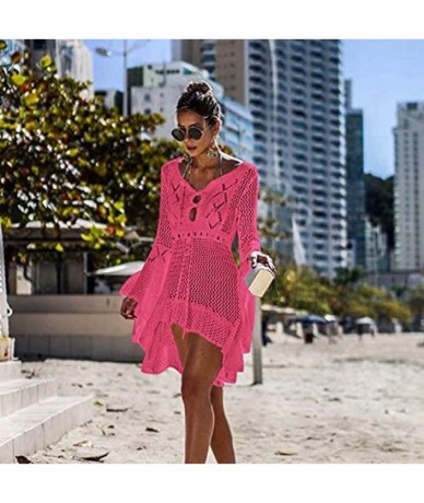 Cover-Ups Womens Summer Crochet Sexy Cover Up Bikini Swimsuit Beach Dress(7 Colors) - Pink - C118RY7G043 $44.76