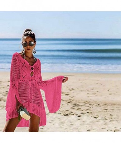 Cover-Ups Womens Summer Crochet Sexy Cover Up Bikini Swimsuit Beach Dress(7 Colors) - Pink - C118RY7G043 $44.76