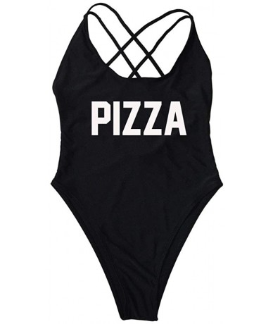 Racing Letter Print Vintage Stappy Cross Back Birde One Piece Swimsuit High Leg Swimwear Bathing Suit - Pizza-bk-wh - CD18NU6...