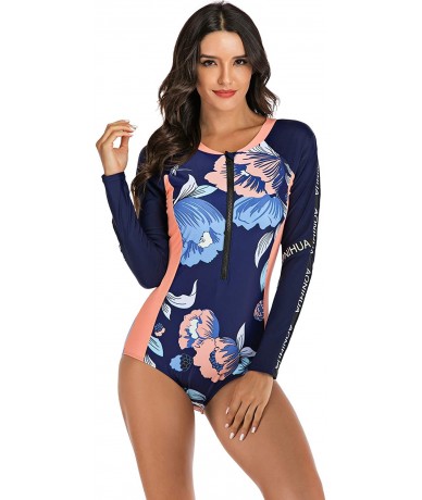 Rash Guards Women's UV Protection One Piece Long Sleeve Rash Guard Swimsuit Zip Front Surfing Shirt - Navy Printed - CR18Z2ML...