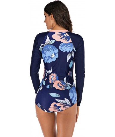 Rash Guards Women's UV Protection One Piece Long Sleeve Rash Guard Swimsuit Zip Front Surfing Shirt - Navy Printed - CR18Z2ML...