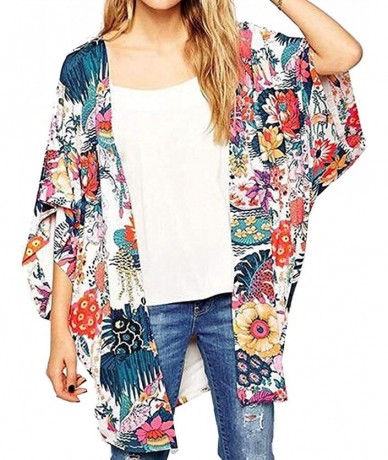 Cover-Ups Women Chiffon Swimsuit Cover Ups Floral Kimono Casual Loose Open Front Cardigan - Multicoloured - C318TNWWNW5 $23.54