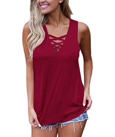 Bottoms Womens Tank Tops- Women's Blouse 2020 Summer Sleeveless V Neck Lace Up Hollow Out Criss Cross Camis - Wine Red - CA18...