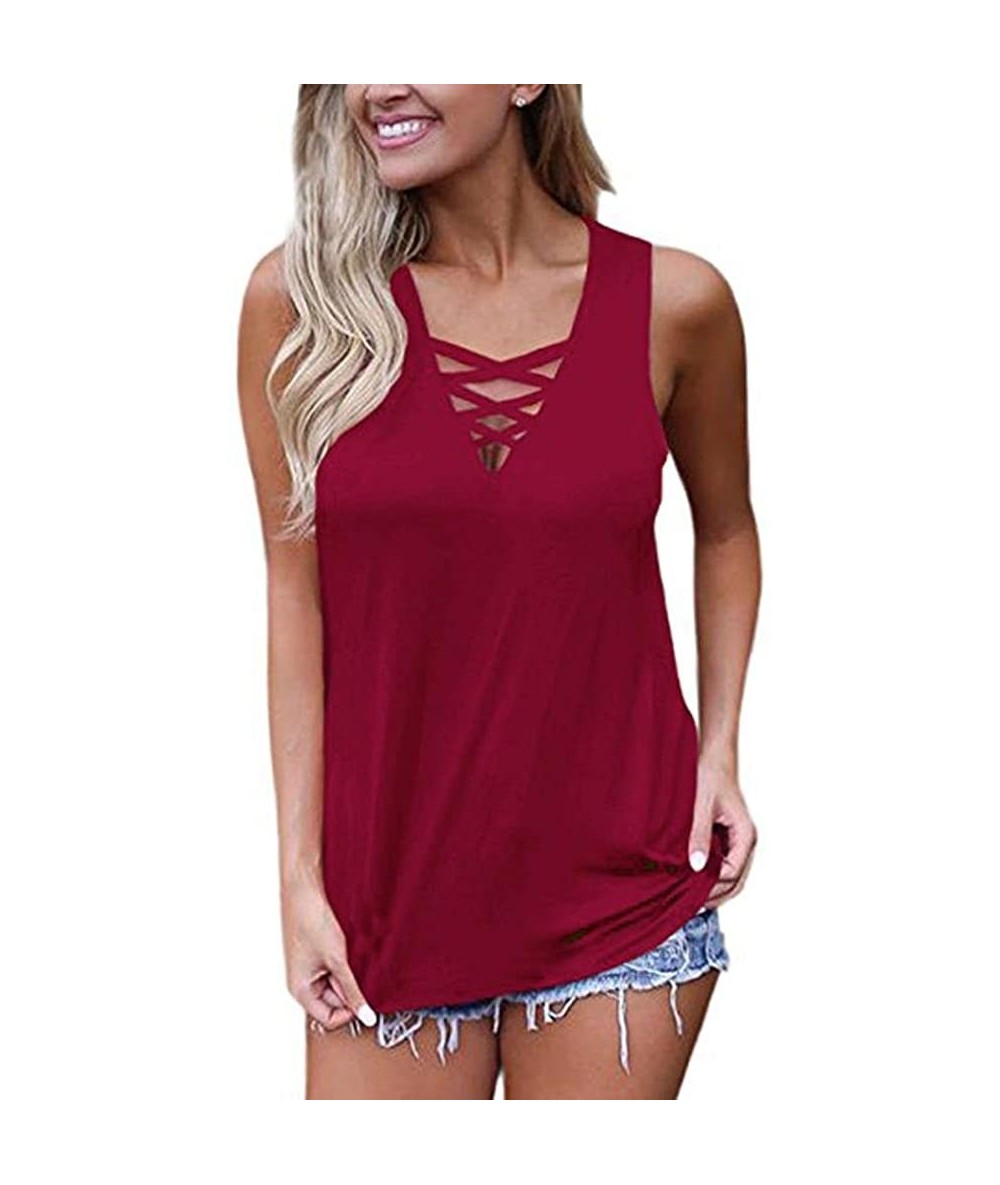 Bottoms Womens Tank Tops- Women's Blouse 2020 Summer Sleeveless V Neck Lace Up Hollow Out Criss Cross Camis - Wine Red - CA18...