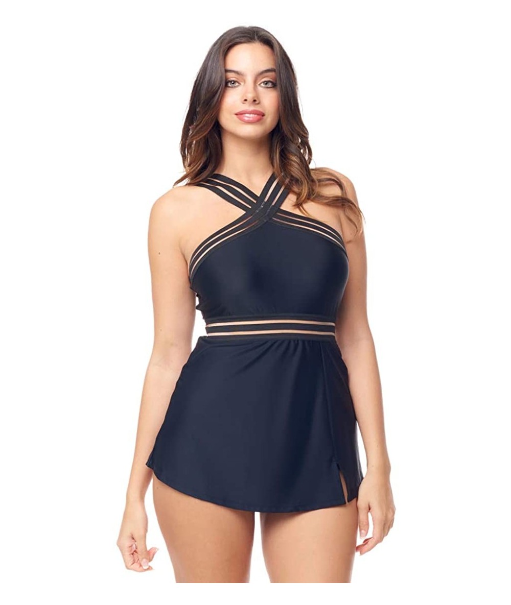 One-Pieces Swimwear Criss Cross X Front Swimdress - Black - C018QQR088Z $61.52