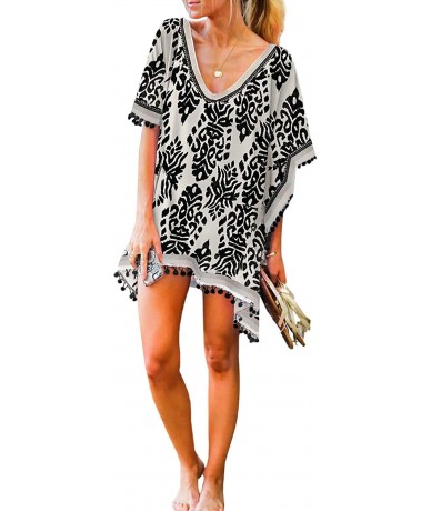 Cover-Ups Women's V Neck Printed Swimsuit Cover Ups Tassel Bikini Bathing Suit Beach Dress for Swimwear - Black - CB194N2QYH9...