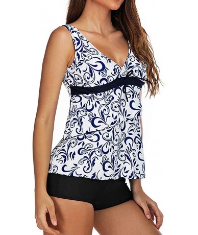 Racing Plus Size Bathing Suit-Women Tankini Sets with Boy Shorts Swimwear Summer Hight Waist Two Piece Swimsuits - Navy - C61...