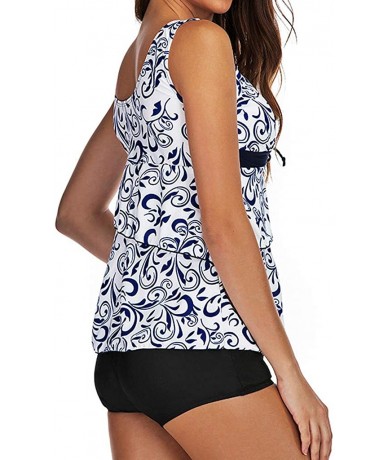 Racing Plus Size Bathing Suit-Women Tankini Sets with Boy Shorts Swimwear Summer Hight Waist Two Piece Swimsuits - Navy - C61...