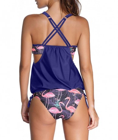 Sets Women Stripes Print Sporty Double Up Layered Two Piece Tankini Sets Swimsuits - Navy&print - CE18TD8NTXX $47.56