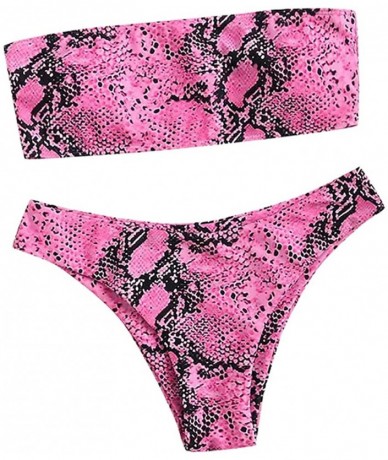 Sets Bikini Swimsuits for Women Strapless Bathing Suits Snakeskin Printed Bandeau Swimwear Set - Pink - C31972I0T9A $38.64