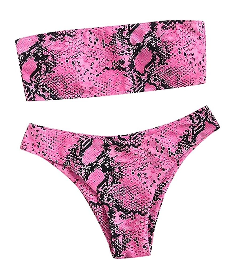 Sets Bikini Swimsuits for Women Strapless Bathing Suits Snakeskin Printed Bandeau Swimwear Set - Pink - C31972I0T9A $38.64