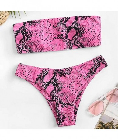 Sets Bikini Swimsuits for Women Strapless Bathing Suits Snakeskin Printed Bandeau Swimwear Set - Pink - C31972I0T9A $38.64