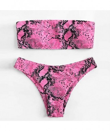 Sets Bikini Swimsuits for Women Strapless Bathing Suits Snakeskin Printed Bandeau Swimwear Set - Pink - C31972I0T9A $38.64