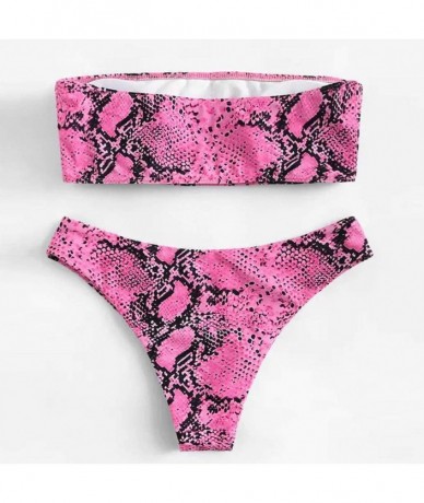 Sets Bikini Swimsuits for Women Strapless Bathing Suits Snakeskin Printed Bandeau Swimwear Set - Pink - C31972I0T9A $38.64