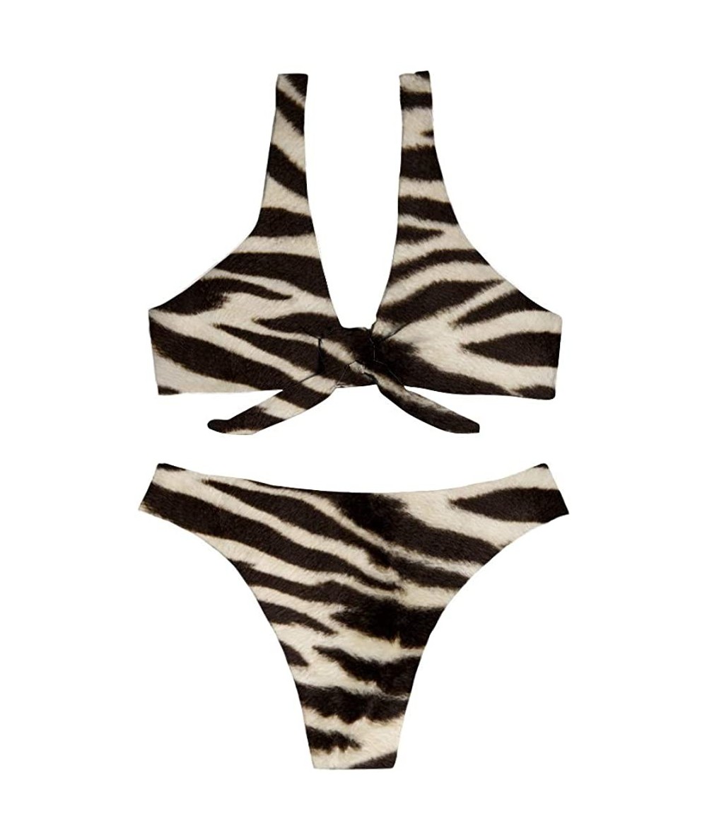 Sets Tropical Style Women Swimsuit Women Bandage Tie Knot Front Bikini Tankini Sets High Cut Thongs - Zebra - CL18QKYKIQ3 $57.28