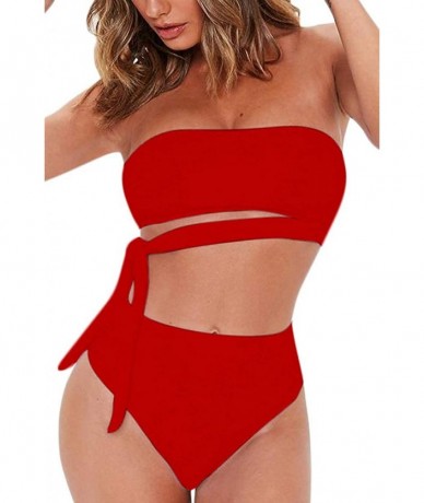 Sets Womens Sexy Two Pieces Bandeau Tie Waist High Waisted Bikini Set Swimsuit High Cut - Red - CU194CWITIH $35.51