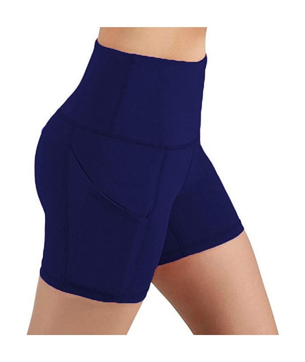 Sets Lady Solid Pocket High-Waist Hip Stretch Underpants Running Fitness Yoga Shorts - Navy - CG199CS0IAN $42.55