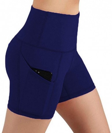 Sets Lady Solid Pocket High-Waist Hip Stretch Underpants Running Fitness Yoga Shorts - Navy - CG199CS0IAN $42.55