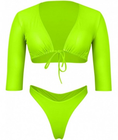 Sets Womens 3/4 Sleeve Tie Front High Waist Thong Bikini Set 2 Piece Swimsuit - Neon Yellow - CX18QTMZMDG $41.88