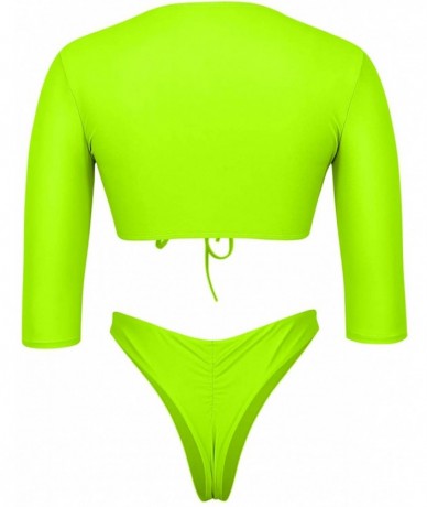 Sets Womens 3/4 Sleeve Tie Front High Waist Thong Bikini Set 2 Piece Swimsuit - Neon Yellow - CX18QTMZMDG $41.88