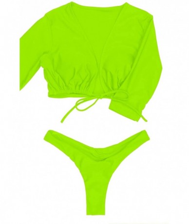 Sets Womens 3/4 Sleeve Tie Front High Waist Thong Bikini Set 2 Piece Swimsuit - Neon Yellow - CX18QTMZMDG $41.88