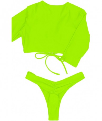 Sets Womens 3/4 Sleeve Tie Front High Waist Thong Bikini Set 2 Piece Swimsuit - Neon Yellow - CX18QTMZMDG $41.88