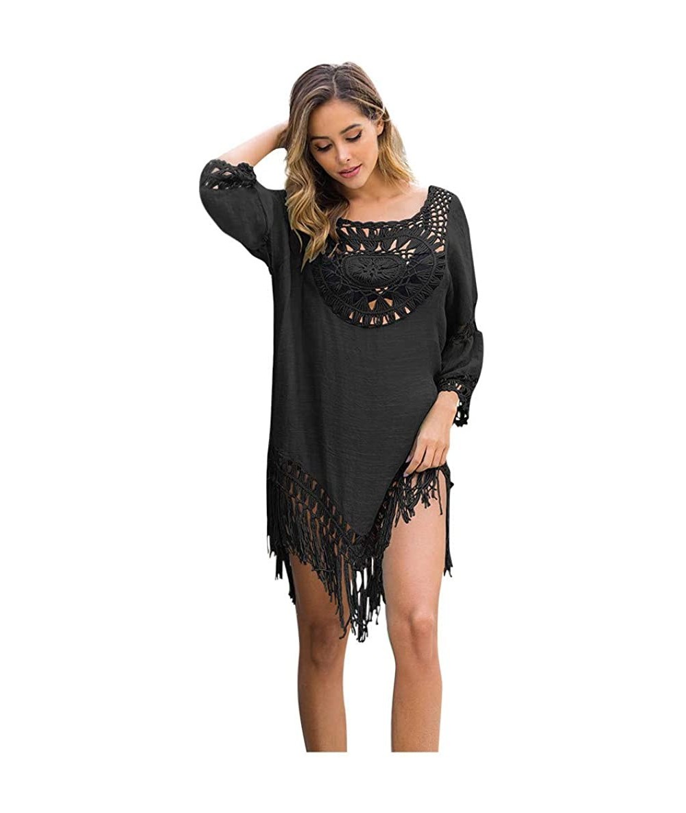 One-Pieces Women Sexy Loose Hollow Out Tassels Swimwear Beachwear Bathing Suit Cover Up - Black - C9194RD3AKW $24.09