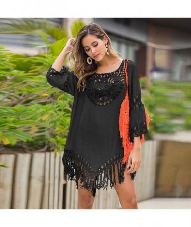 One-Pieces Women Sexy Loose Hollow Out Tassels Swimwear Beachwear Bathing Suit Cover Up - Black - C9194RD3AKW $24.09